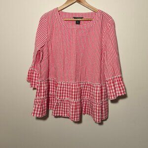 Ali Miles Ruffle Gingham Tunic Top sz L Red White USA Coastal Chic Farmhouse